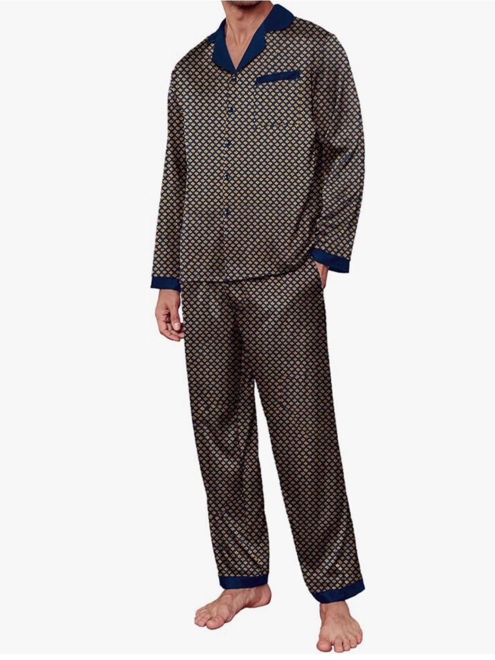 Men's Navy Trim Brown Patterned Lounge PJ Set